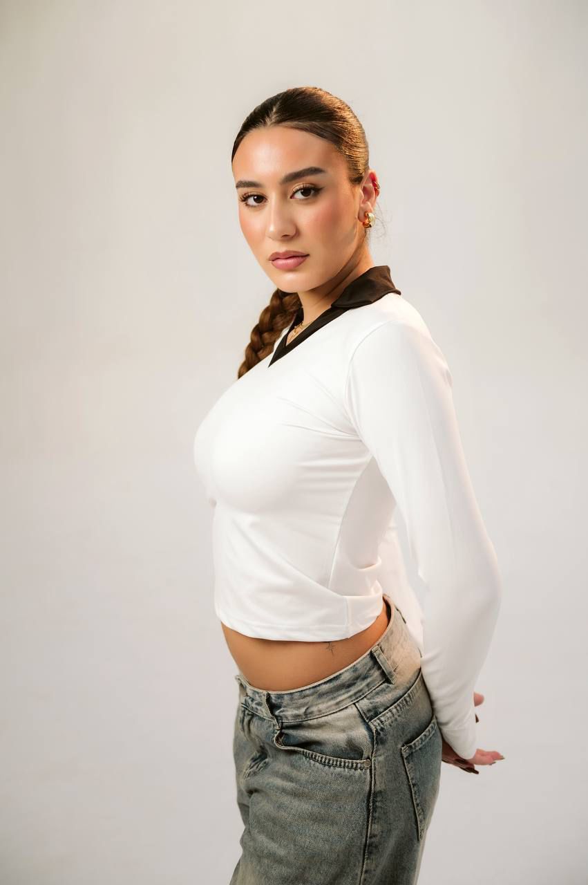 Collared V neck long sleeve top