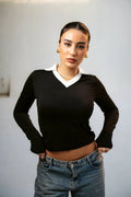 Collared V neck long sleeve top